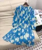 Casual Dresses Silk High Quality Floral Printed O-neck Folds Long Sleeve Loose Summer Dress