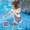 fashion girls ruffle princess swimsuit children houndstooth style Back bowknot one-piece swim summer swimming kids SPA beach swimwear B411