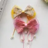 Hair Accessories Trendy Layered Bow With Long Ribbon Pearl Pendant Head Jewelry For Girls Top Clip Ponytail Updo