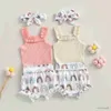 Ensembles de vêtements bébé nouveau-né bébé filles tenues d'été sans manches barboteuse côtelée et arc-en-ciel short bandeau ensemble