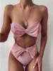 Rose Bow sans bretelles taille haute 2023 femmes deux pièces Bikini ensemble Bandeau baignoire maillots de bain P230530