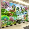 Artisanat DIY Diamond Brodemery, Diamond Fluming Water Water Pea Crane Bridge Rising Sun Landscape Full Ringestone Diamond Painting