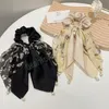 Korean Elegant Big Bowknot Floral Hair Scrunchies Women Pearl Pendant Long Ribbon Ponytail Scarf Knotted Elastic Hair Bands