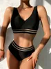 2023 New Solid Black Mesh Vita alta Bikini Set Costumi da bagno a due pezzi Costume da spiaggia da donna Estate P230530