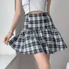 التنانير harajuku vinage zwart wit plaid lace up y2k y2k mini mini rok vrouwelijke a-lijn hoge tail goth rokken p230529