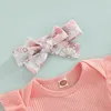Kläder sätter baby flickor sommarutrustning solid färg flyg ärm romper och blommor/leopardtryck shorts pannband
