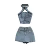 Two Piece Dress DEAT Women Halter Backless Sexy Denim Top Hig Waist Shorts Set Temperament Fashion Spring Summer 2023 11D10231 230529