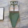Sexig grön badkläder V -hals halter bikini retro kvinnor en bit baddräkt sommarlovsbaddräkt