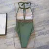 Traje de baño verde sexy con cuello en V Halter Bikini Retro para mujer Traje de baño de una pieza Traje de baño de vacaciones de verano