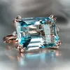 Band Rings 4 Claw Aquamarine Sapphire Natural Stone Rings for Women Horizontal Rectangular Ring Wedding Party Jewelry Gift Anillos Mujer J230531