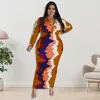 Vestidos de talla grande KEXU Moda Mujer Street Trend Wave Print Maxi Dress Chic Elegante Casual Gran manga larga Solapa