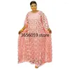 Ethnic Clothing Summer Elegant African Women O-neck Pink Yellow Blue Plus Size Long Dress Lace Robes Abaya Dresses For