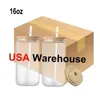 US Warehouse 16 oz tasse droite blanc sublimation givré transparent café gobelets en verre avec couvercle en bambou et paille
