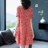 Abiti casual Estate Donna in vera seta naturale Elegante fiocco O-collo manica della camicia con volant Prairie Chic Office Lady Print Dress Loose