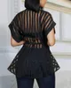 Women's T Shirts Striped See Through Buttoned Tied Waist Shirt 2023 Dashiki African Women Elegant Tops Party Lace Up Button Loose Casual