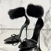 Sandali da donna con punta a punta Estate 2023 Cinturino alla caviglia Abito in pelliccia Décolleté Sexy Tacchi alti neri Scarpe da gladiatore da donna Stiletto