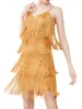 Sukienki swobodne kobiety spaghetti pasek błyszczący mini sukienka bez pleców bodycon imprezy z warstwowymi frędzlami