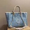 Cc Klassisk Tygväska Designer Beach Bag Canvas Lyx Handväska Toes Dammode Pärla Bokstäver Tryck Axel Shoppingväskor Dam Arbetsväska 230411