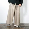 Pantalones Pantalones anchos de lino a rayas para hombre Pantalones caqui azul Hakama con pantalones de kimono chino de fondo ancho Capri de algodón suelto de verano