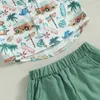 Kleidungssets für Kinder, Baby-Jungen-Outfits, Sommer-Bus-Kokosnussbaum-Druck, kurzärmliges Hemd mit Knöpfen und lässige elastische Shorts-Set