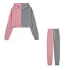 Spårar 2-stycken Running Set Autumn Spring Contrast Sweatshirt Lång ärm Cropped Hoodie+Jogging Pants Women's Track and Field Wear P230531