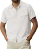 Erkek sıradan gömlekler erkek pamuk keten kısa kollu gömlek yaz düğmesi Küba kampı plaj cep tişört