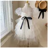 Mädchenkleider, Baby-Kleider, kurzärmelig, für Hochzeit, Party, Ballkleid, Kinderkleidung, mehrlagige Kinderkleider mit Perlen