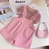 Clothing Sets Fashion Girls Clothes Summer Striped Short Sleeve T-ShirtandOveralls Children Tracksuit 2Pcs Kids Candy Color Suit