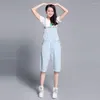 Women's Jumpsuits 2023 Modis Light Blue And White Spring Denim Strap Shorts Women's Loose Casual Suspenders Retro Straight One-piece