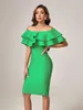 Casual Dresses Green Bandage Dress Midi Elegant Woman For Party Ruffle Sexy Off Shoulder Evening Birthday Club Outfit 2023 Summer