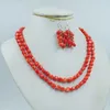 Necklace Earrings Set Women's Wedding Jewelry. 2 Rows Of Natural Orange Coral/Necklace/Earring