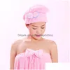 Towel Magic Hair Dry Drying Turban Wrap Hat Water Absorption Quick Bath Cap Cute Bow Make Up Coral Fleece Dh1053 Drop Delivery Home Dhu2Y