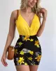 Casual Dresses Sexig 2-delad uppsättning Summer Suspender V-Neck Backless Ultra-Thin Clothes midja veckad blommig tryck blyertspenna Tät montering av kvinnorkläder P230530