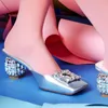 Różowe kobiety kapcie kwadratowe palec palec butów na wysokich obcasach gladiator sandały sandały pompki letnie na zewnątrz muły designerskie slajdy kryształowe slajdy