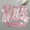 Women's Sleepwear Leepwear Female 542PCS Pajamas Set Satin Pyjamamas Lace Patchwork Bril Wedding Nightwear Rayon Home Wear Nighty Robe Suit 230530