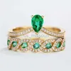 Bandringar 2pcsset Luxury Metal Inlaid Emerald Zircon Rings Classic Sweet Travel Party Rings for Women J230531