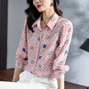 Women's Blouses Natural Silk Women Printed Shirt Elegant Turn-down Collar Long Sleeve Casual Shirts Pure Real Office Lady Pink Blouse