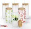 Vasos de sublimación de almacén local de EE. UU./CA, latas de vidrio de 16 oz con tapas de bambú y jarras de cerveza de paja reutilizables, vasos de refresco transparentes esmerilados