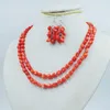 Necklace Earrings Set Women's Wedding Jewelry. 2 Rows Of Natural Orange Coral/Necklace/Earring