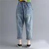 Calça feminina johnature moda de retalhos soltos jeans 2023 Summer Elastic Hole Trey Tie Casual Tornozelo Jeans de Mulheres