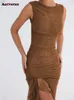 Robe sans manches pour femmes 2023 mode Vintage mince à plusieurs niveaux robe d'été élégant solide O cou dos nu plis Y2k robe