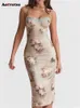 Vintage Midi -klänning för kvinnliga ärmlös remspets blommiga tryck smala klänningar hög midja rygglös sommarklänning