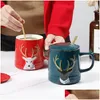 Tassen Weihnachtsgeschenk Cartoon Niedliche Tassen Fawn Bedruckter Deckel Löffel Kreative Schöne Paare Porzellan Büro Mode Kaffee Drop Lieferung H Dhwjg