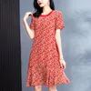 Abiti casual da donna in vera seta rosso 2023 estate elegante O-collo manica corta volant abito donna floreale donna A-line