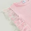 Completi di abbigliamento Estate Ragazze Girocollo Tulle Patchwork Canotta con cuori ricamati Pantaloncini Vestiti per bambini Bambini Abiti per bambini