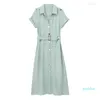 Fashion Party Dresses Elegant Summer Women Mid-Calf Dress With Belt 2023 Turn Down Collar A-line Short Sleeve Vestidos