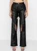 Pantalon féminin Capris Black Zipper Hollow Out Leather Pant pour femmes vêtements haute taille pantnes Mujer Streetwear Silm Fit Fashion T230531