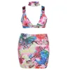 Two Piece Dress Fashion Sexy Deep V Butterfly Print Slim Bag Buttock Skirt Suit