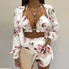 Women's Tracksuits Women Elegant Fashion 3 Piece Set Summer Beach Vacation Outfits Tracksuit Shirt Bra Shorts Clothing Suit Streetwear