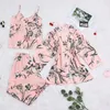 Kvinnors sömnkläder juli's Song Pink 7 Pieces Women's Pyjamas Set Faux Silk Strip Pyjamas vår sommarhem